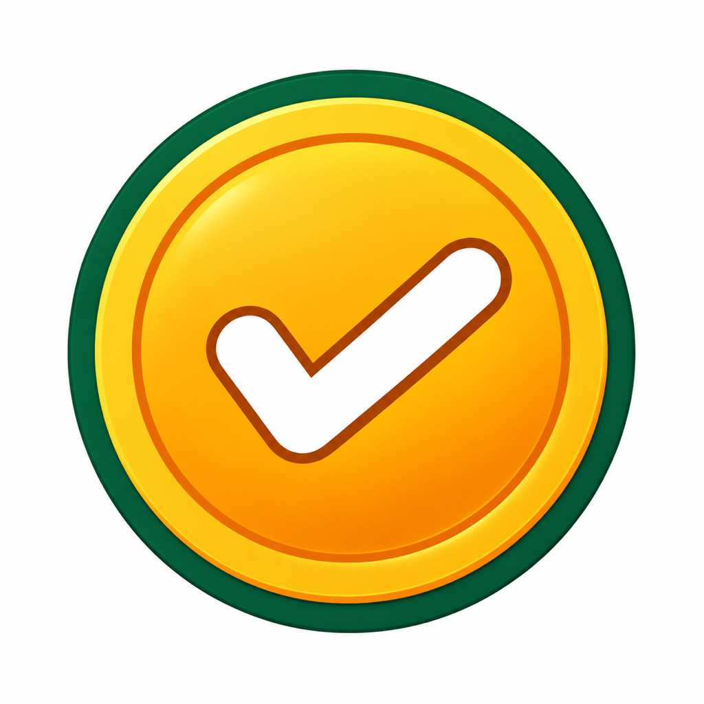 Golden Safini Time Coin with a green rim and an amber-outlined white checkmark, on a white background