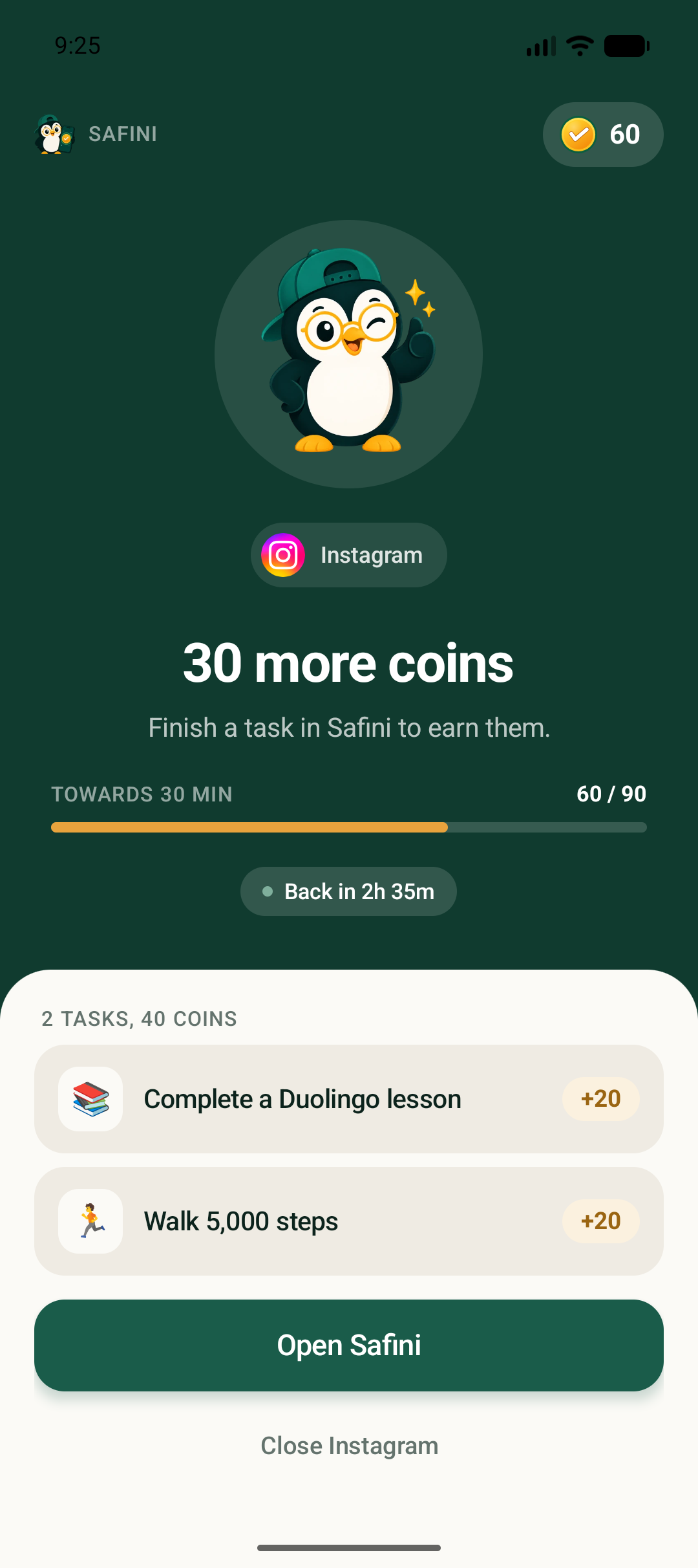 Real Safini Android child screen: Instagram is paused with 30 coins and an English Duolingo task