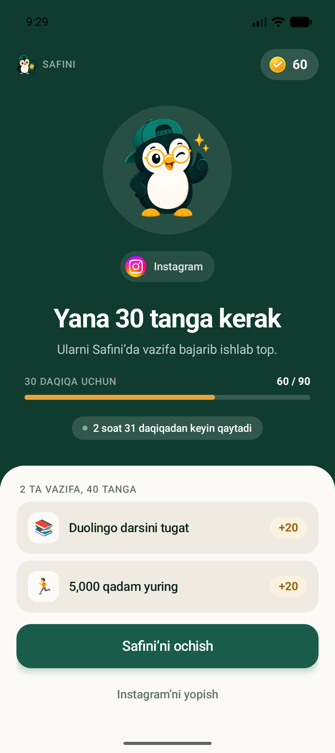 Safini Android bolalar ekrani: Instagram toʻxtatilgan, 30 tanga va o‘zbekcha Duolingo vazifasi