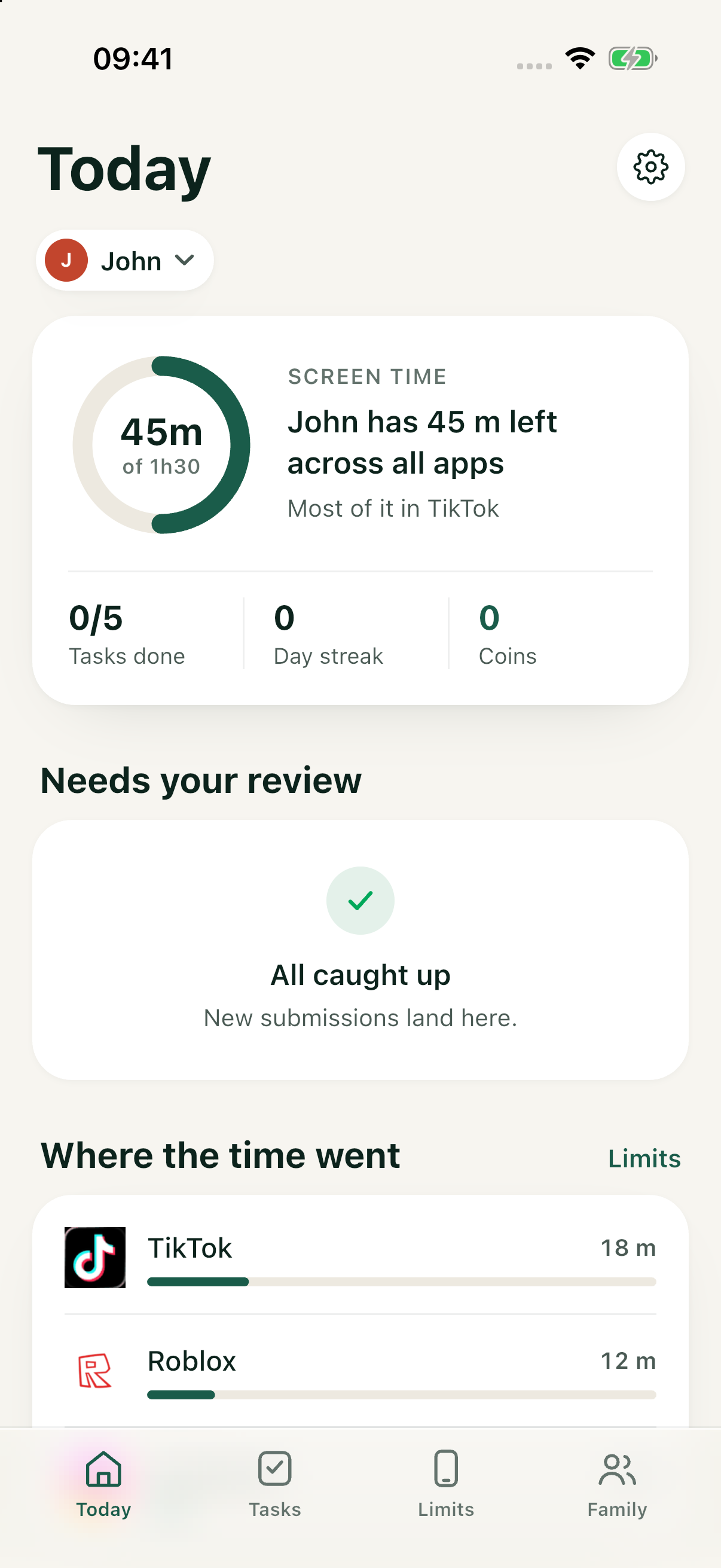 Safini parent dashboard for John
