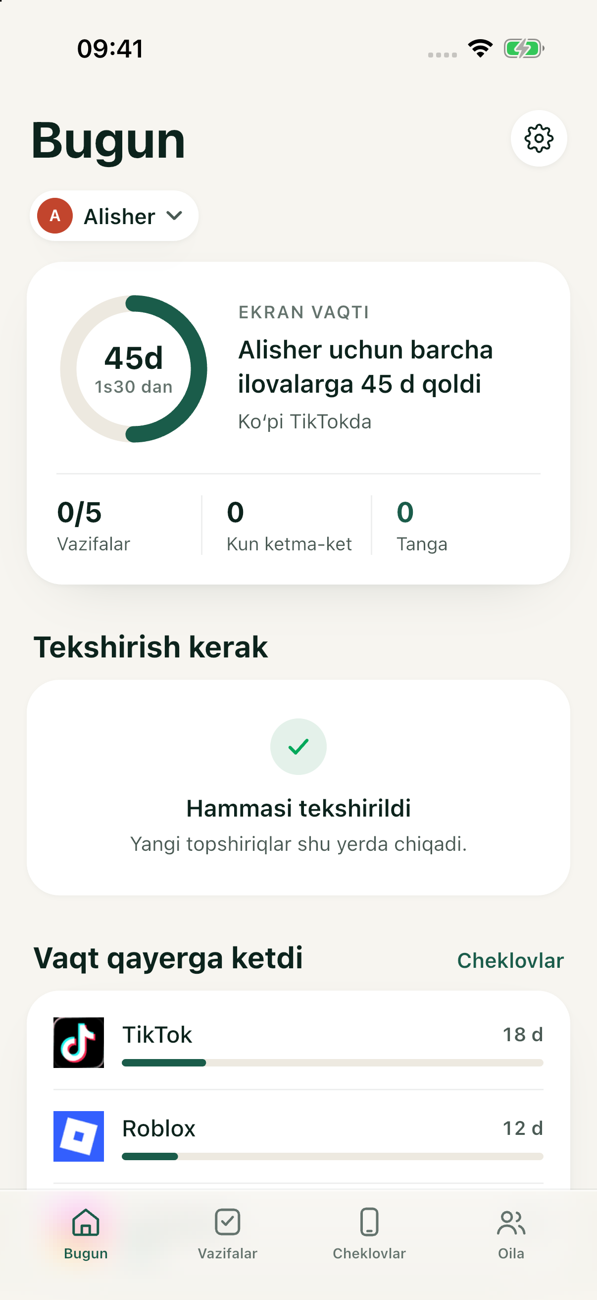 Alisher uchun Safini ota-ona boshqaruv paneli