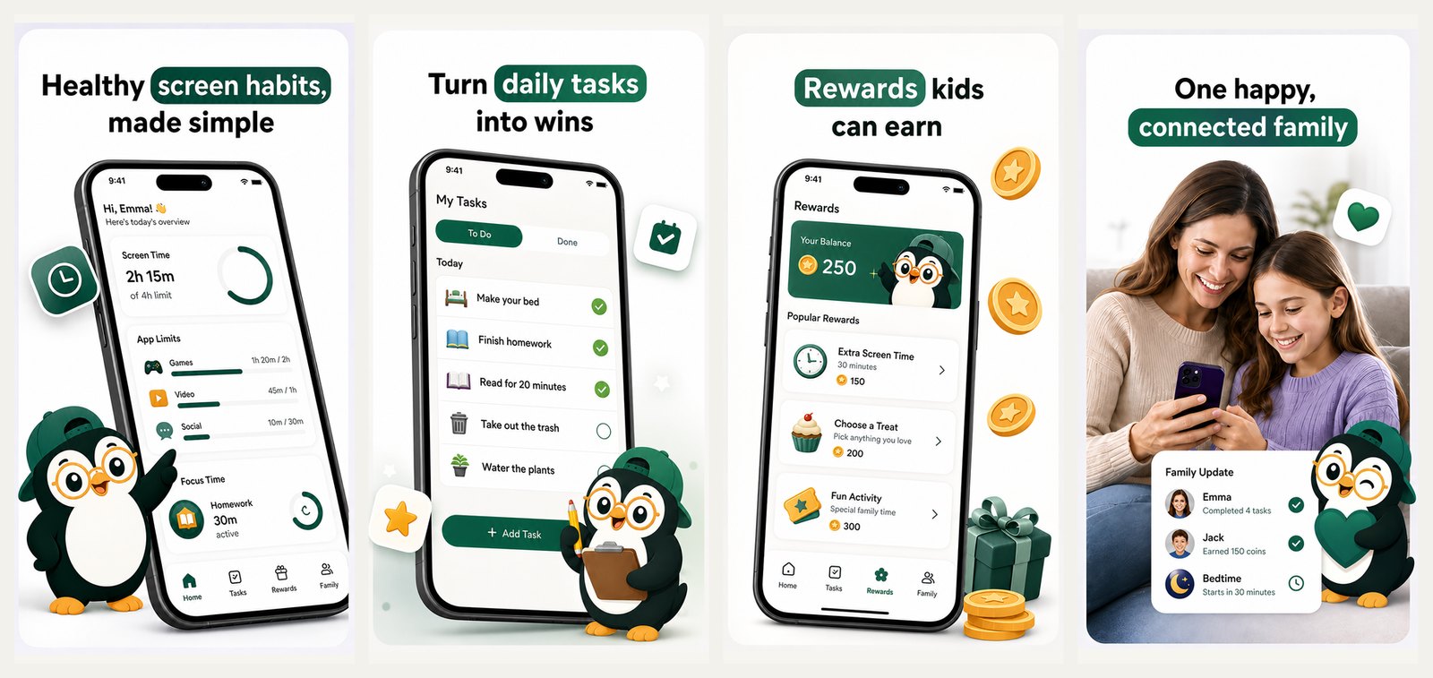 Safini App Store screenshots: healthy screen habits, daily tasks, rewards, connected family